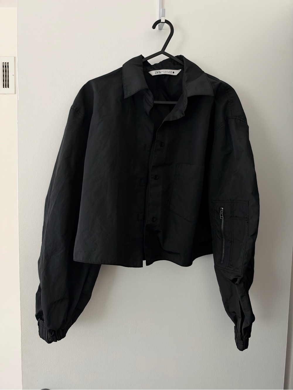 Zara Black Cropped Bomber Balloon Sleeves Shirt Jacket